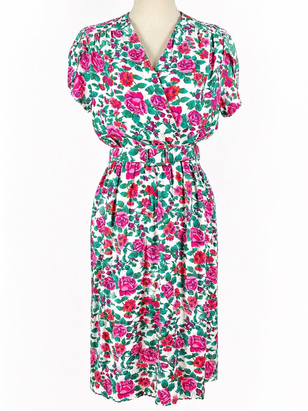 Vintage 80s TAURUS II Floral Rose Midi Wrap Dress Belted Made In USA